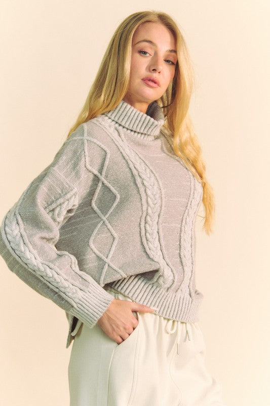 Davi & Dani Cable-Knit Turtleneck Dropped Shoulder Sweater tt