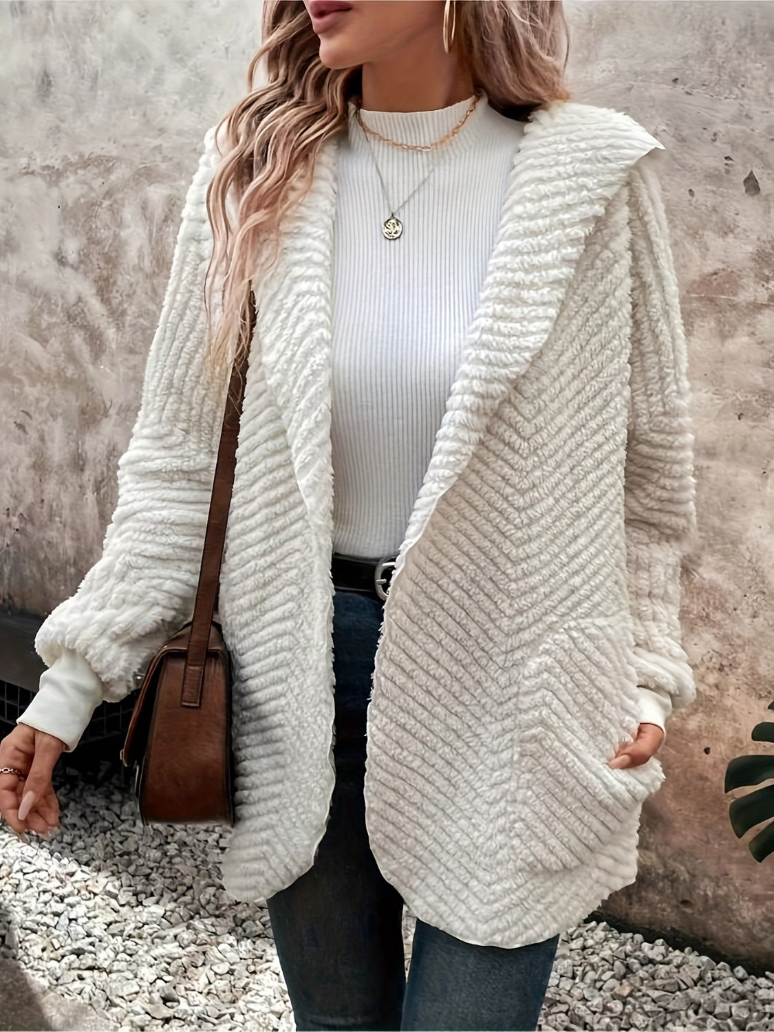 Open Front Long Sleeve Hooded Fuzzy Cardigan nt