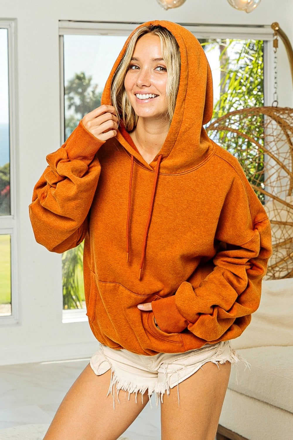 BiBi Ruched Long Sleeve Washed Fleece Hoodie tt