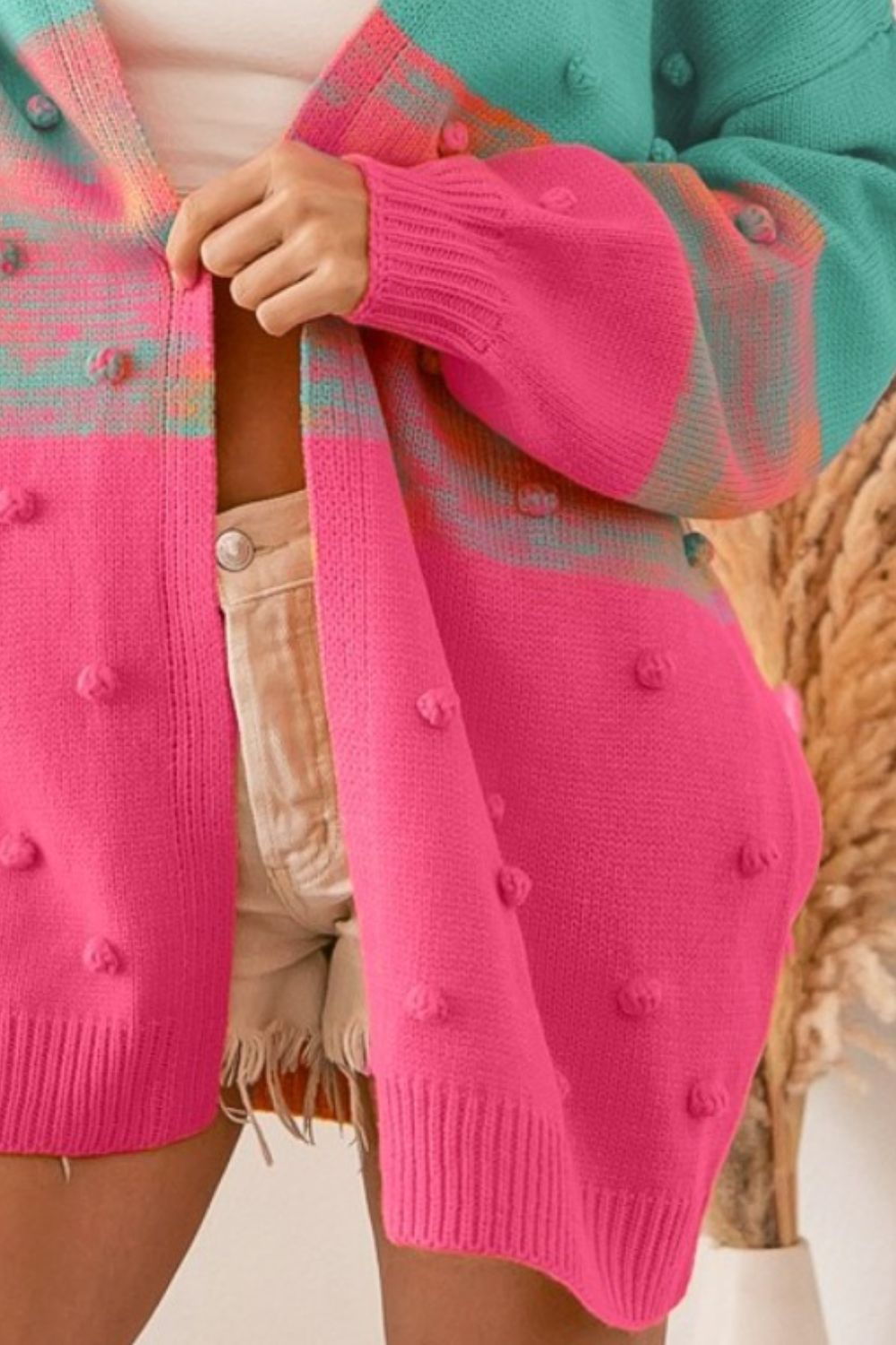 BiBi Color Block Ponpon Sweater Cardigan tt