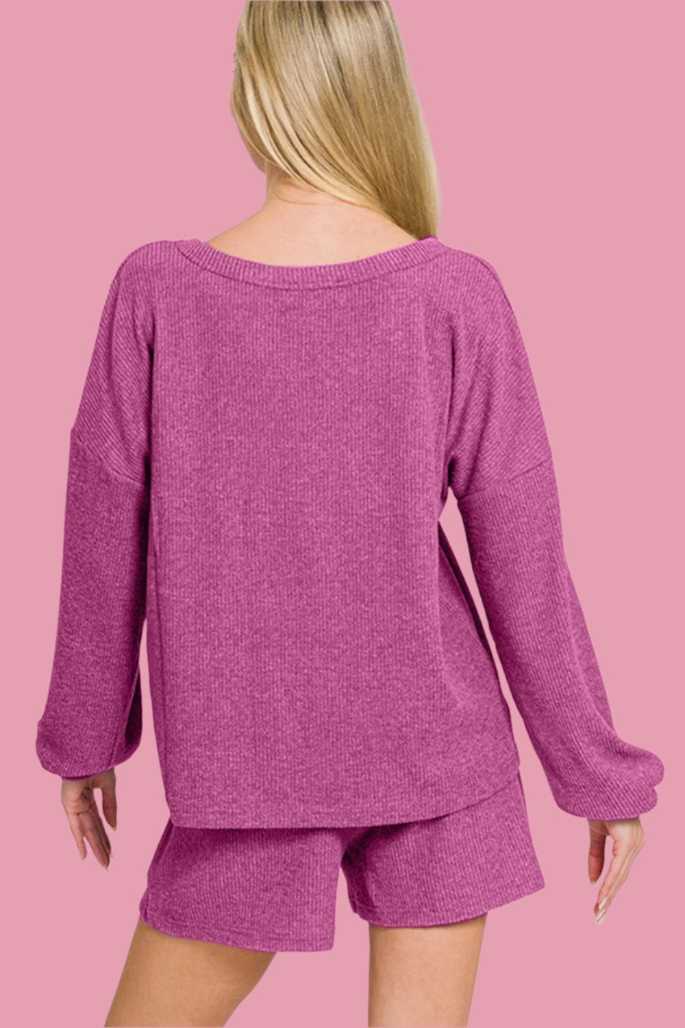Zenana V-Neck Long Sleeve Ribbed Top and Shorts Set tt