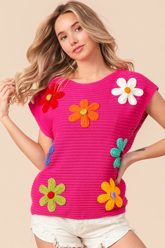 BiBi Flower Round Neck Cap Sleeve Knit Top tt
