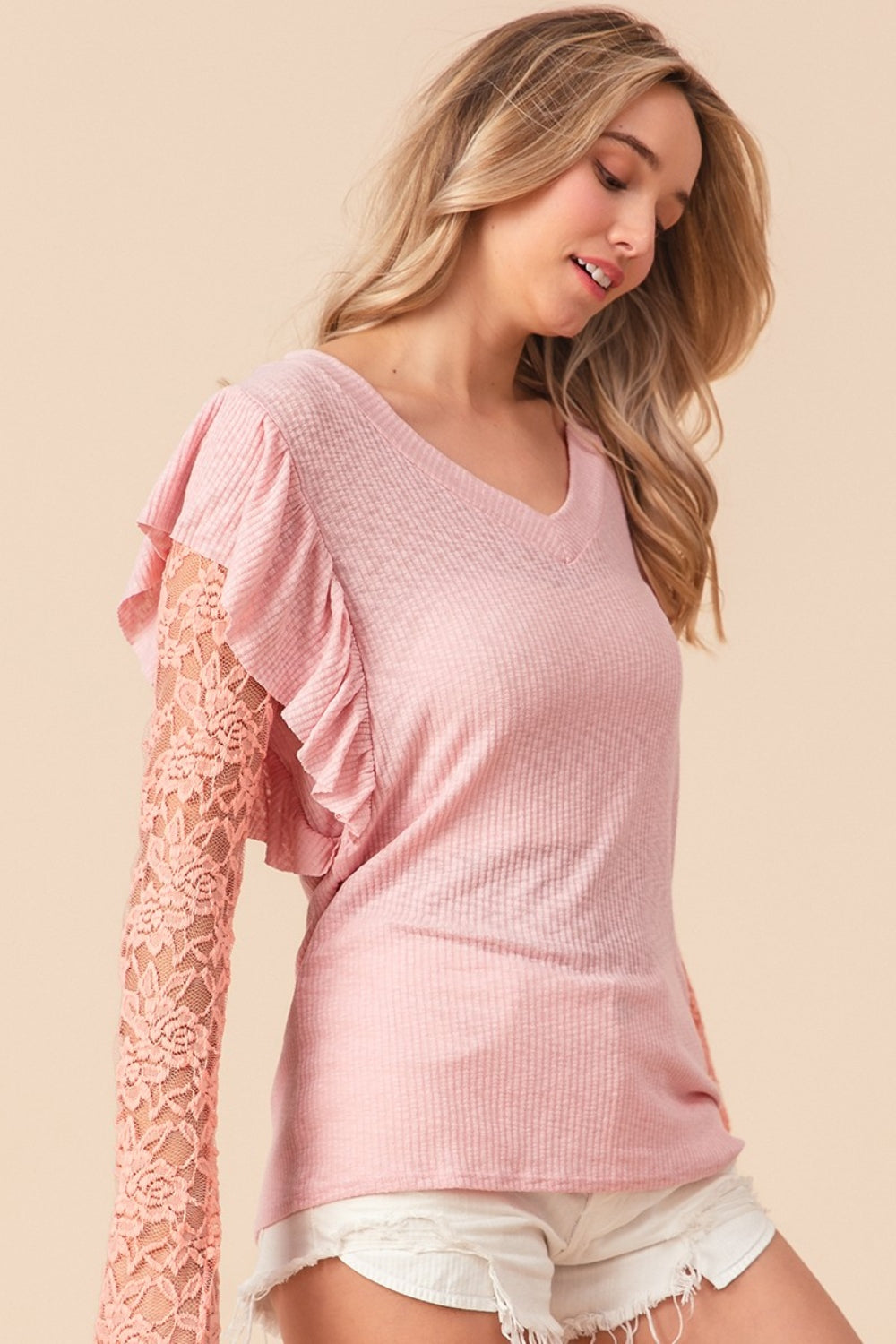 BiBi Ruffled Lace Sleeve Rib Knit Top tt