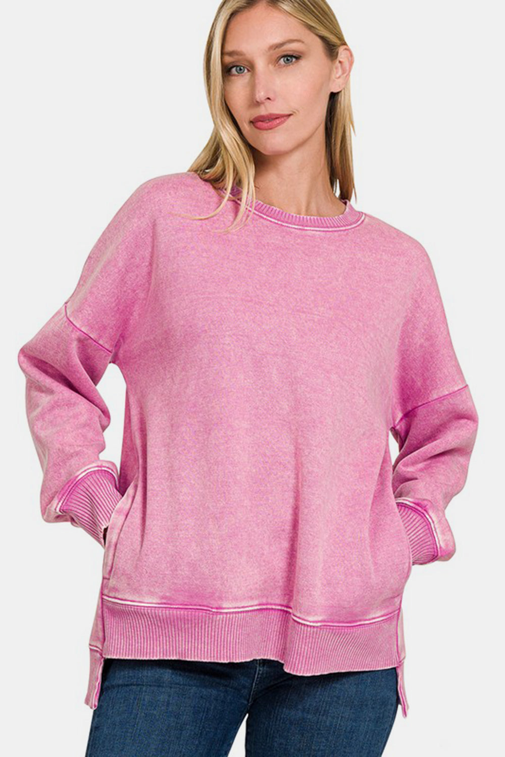 Zenana High-Low Acid Wash Fleece Sweatshirt tt