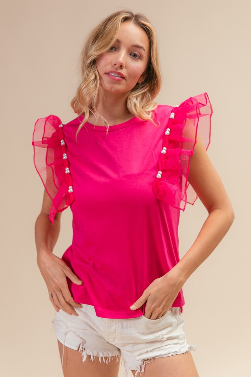 BiBi Pearl Decor Mesh Ruffle Sleeve Top nt