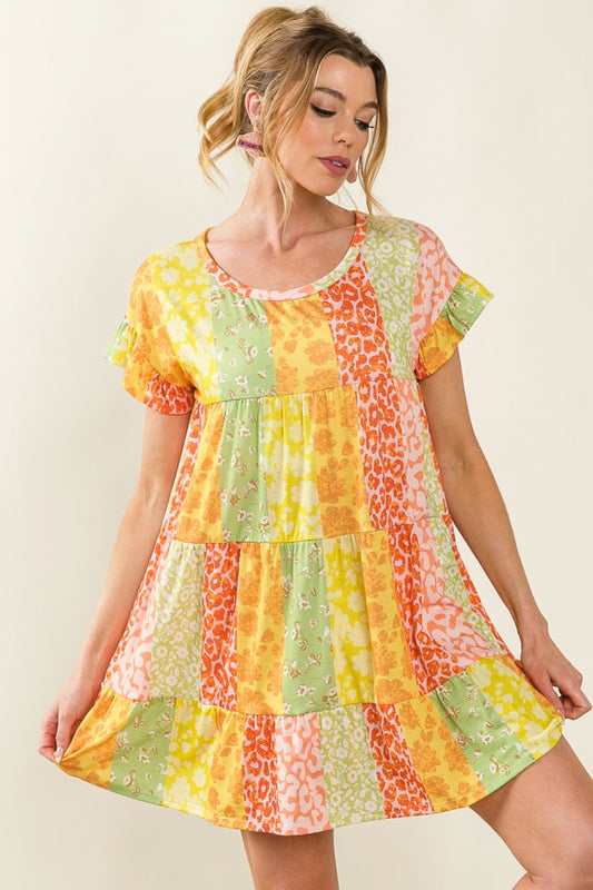 BiBi Leopard Short Sleeve Tiered Dress tt