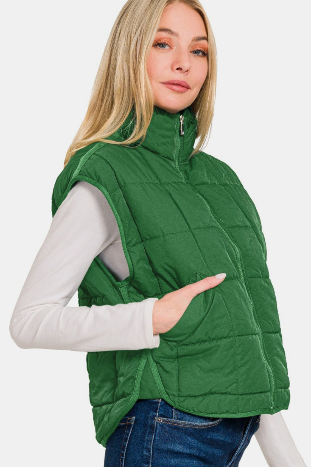 Zenana Zip Up Cropped Puffer Vest with Pockets tt