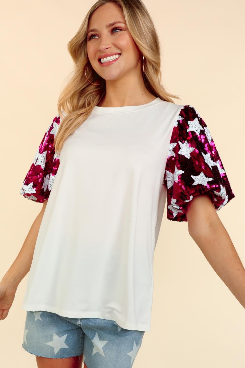 Haptics Star Sequin Bubble Short Sleeve Top tt