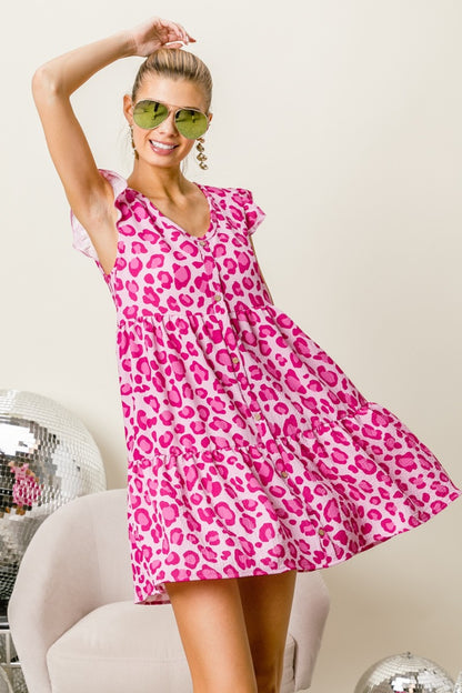 BiBi Leopard Cap Sleeve Tiered Mini Dress nt