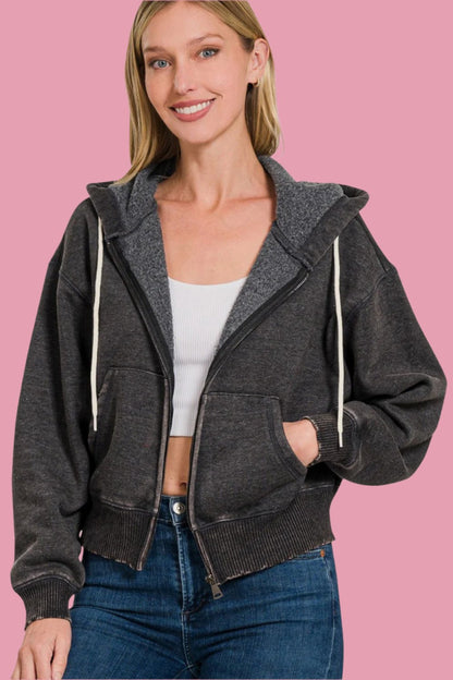 Zenana Acid Wash Fleece Zip-Up Cropped Hoodie