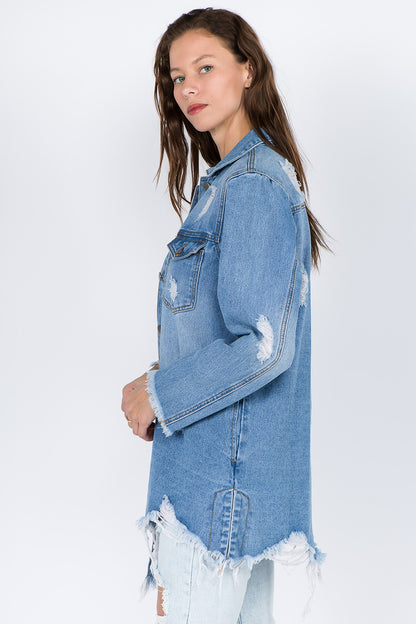 American Bazi Distressed Frayed Hem Denim Jacket