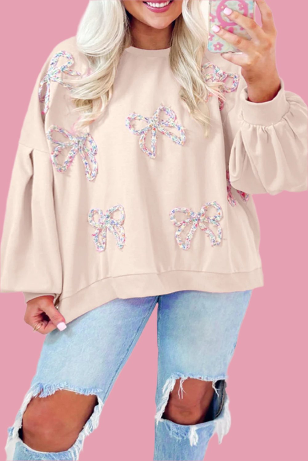 Bow Round Neck Long Sleeve Sweatshirt