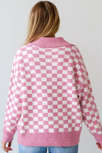 Checkered Collared Neck Long Sleeve Sweater