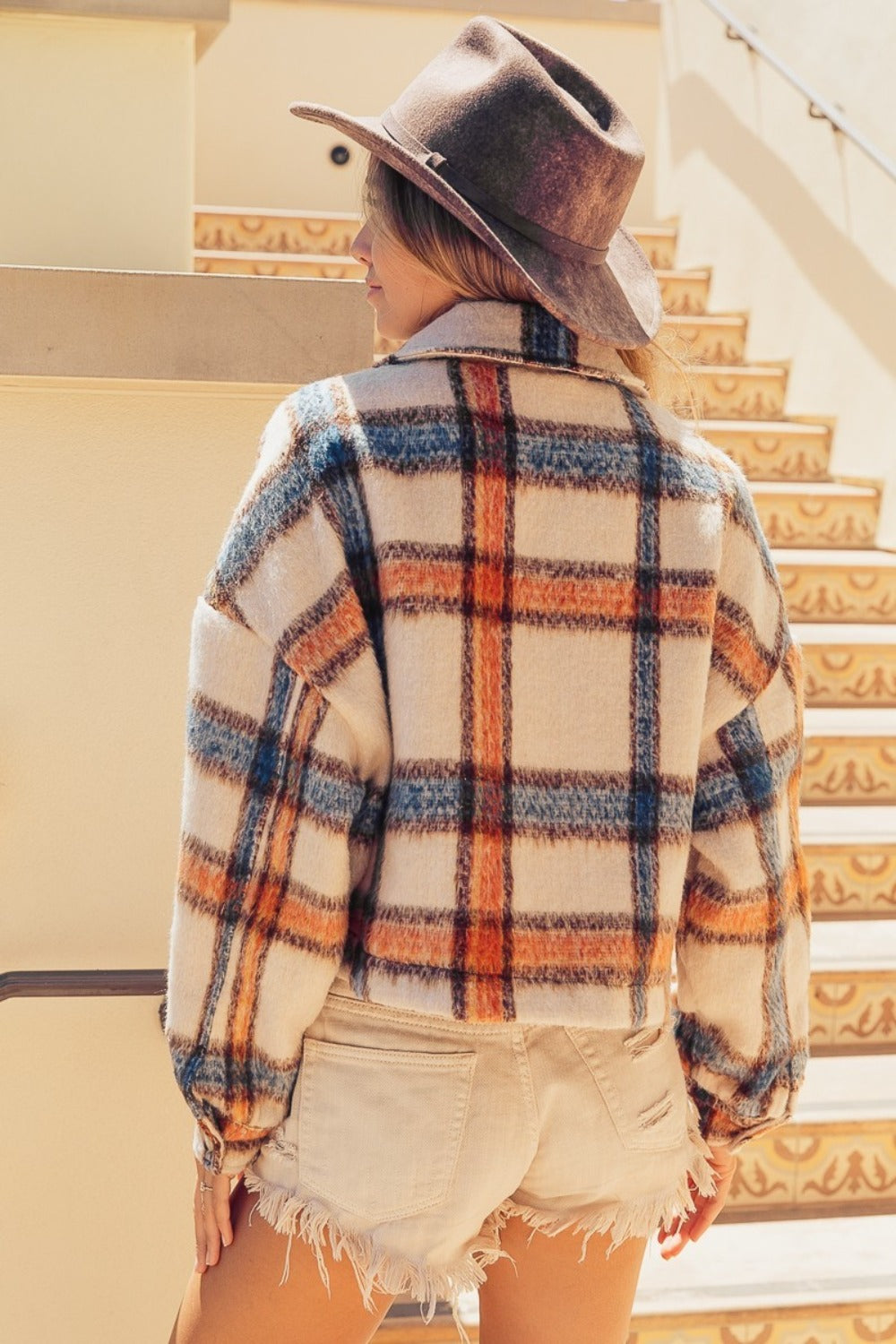 BiBi Brushed Plaid Crop Jacket with Pockets tt