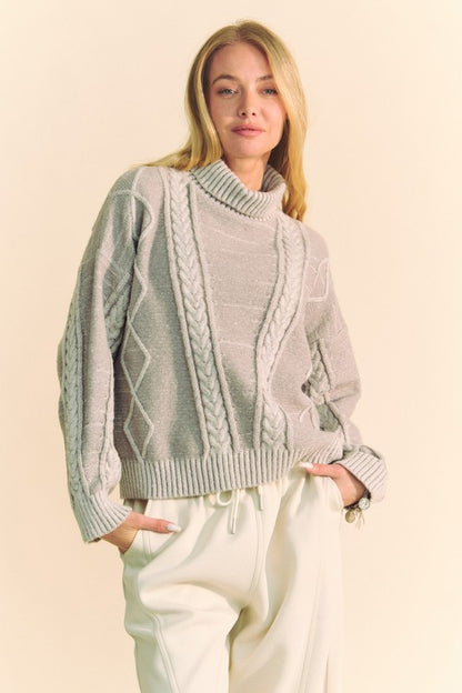 Davi & Dani Cable-Knit Turtleneck Dropped Shoulder Sweater tt