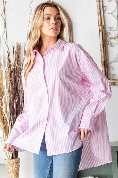 First Love Full Size Striped Button Down High-Low Hem Shirt