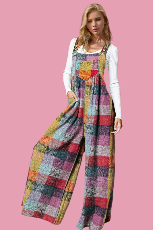 Double Take Full Size Plaid Sleeveless Fleece Wide Leg Jumpsuit