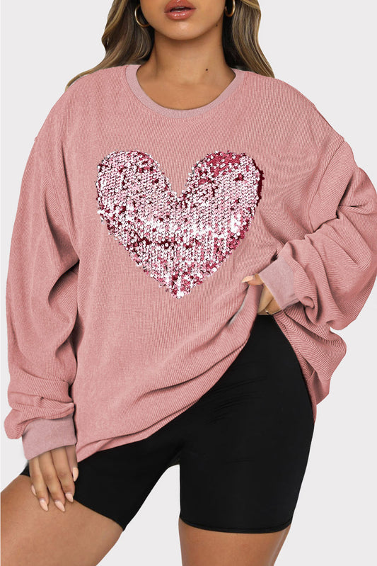 Plus Size Heart Sequin Dusty Pink Round Neck Sweatshirt