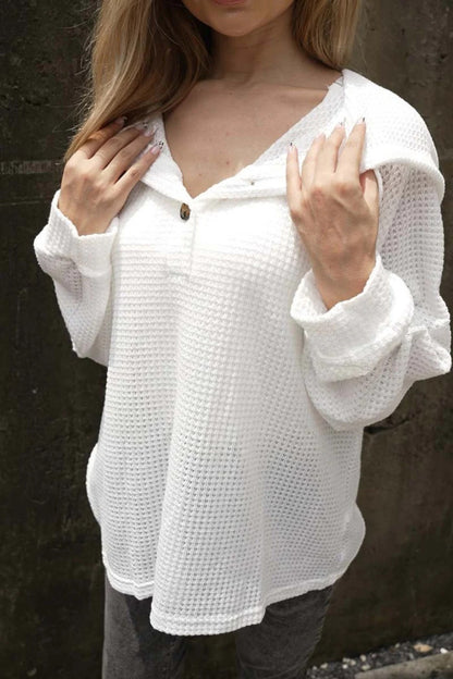 Waffle-Knit Long Sleeve Hooded T-Shirt