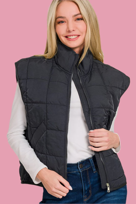 Zenana Zip Up Cropped Puffer Vest with Pockets