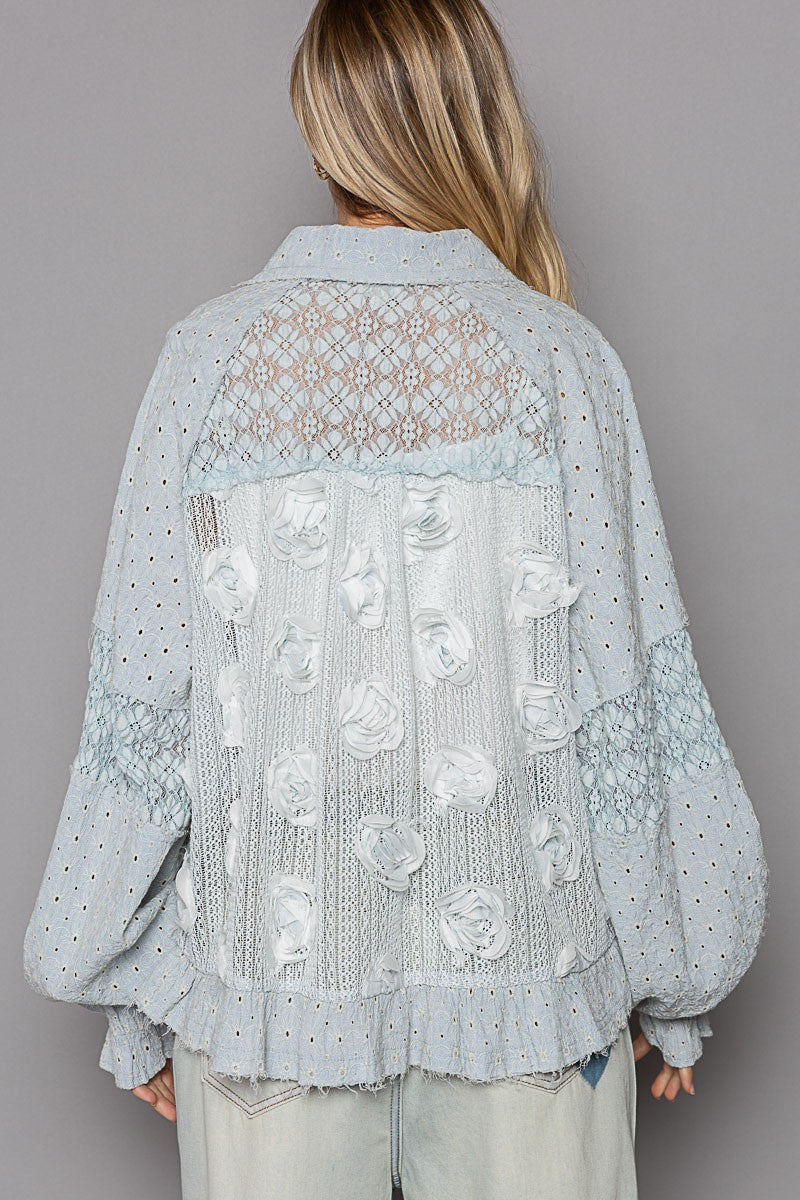 POL Eyelet Flower Pearl Detail Lace Patchwork Shirt tt