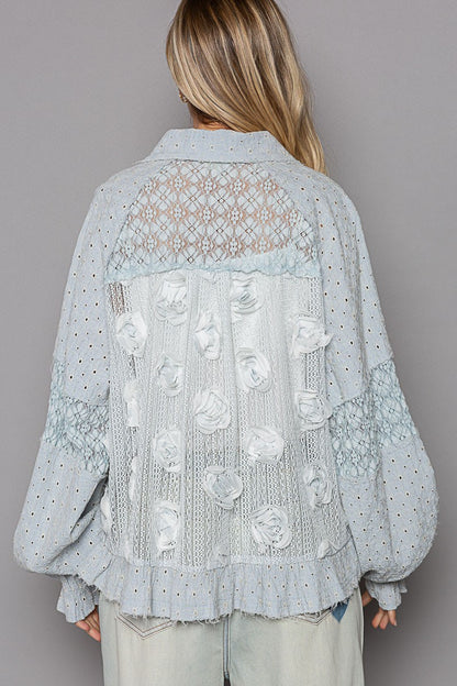 POL Eyelet Flower Pearl Detail Lace Patchwork Shirt tt