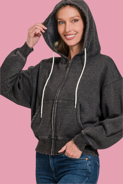 Zenana Acid Wash Fleece Zip-Up Cropped Hoodie