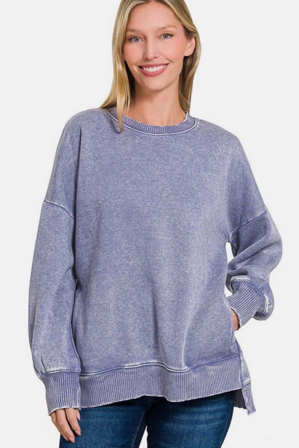 Zenana High-Low Acid Wash Fleece Sweatshirt tt