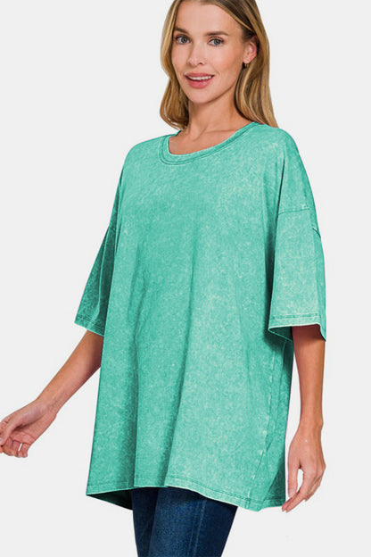 Zenana Full Size Washed Round Neck Drop Shoulder Oversized T-Shirt