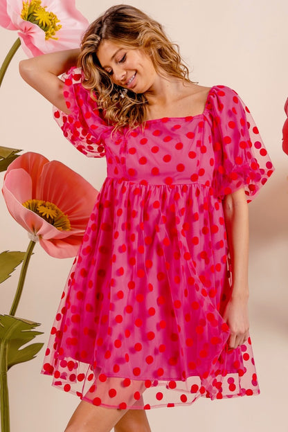 BiBi Polka Dot Mesh Puff Sleeve Dress tt