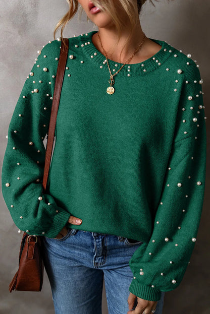 Pearl Detail Round Neck Long Sleeve Sweater