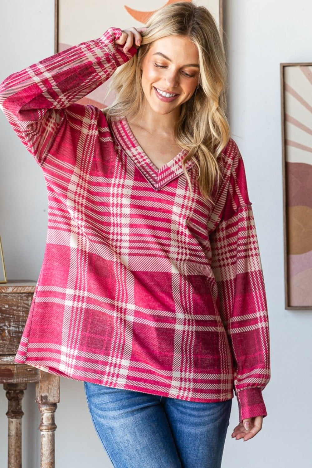 Heimish Plaid Drop Shoulder V-Neck T-Shirt