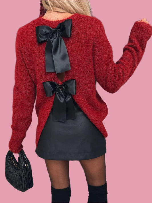 Bow Slit Back Round Neck Sweater