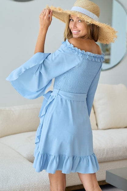BiBi Smocked Ruffled Front Tie Mini Dress tt