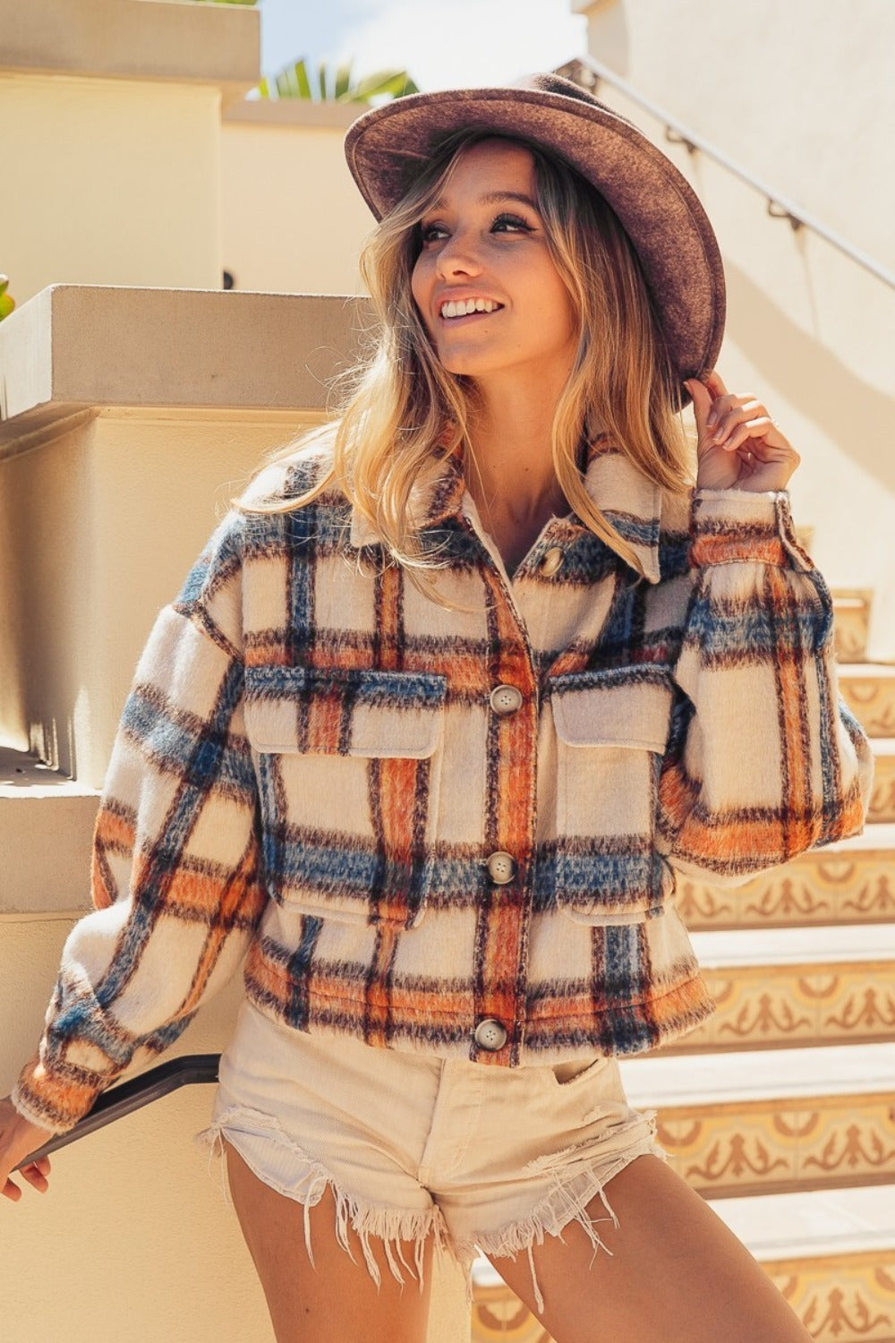 BiBi Brushed Plaid Crop Jacket with Pockets tt