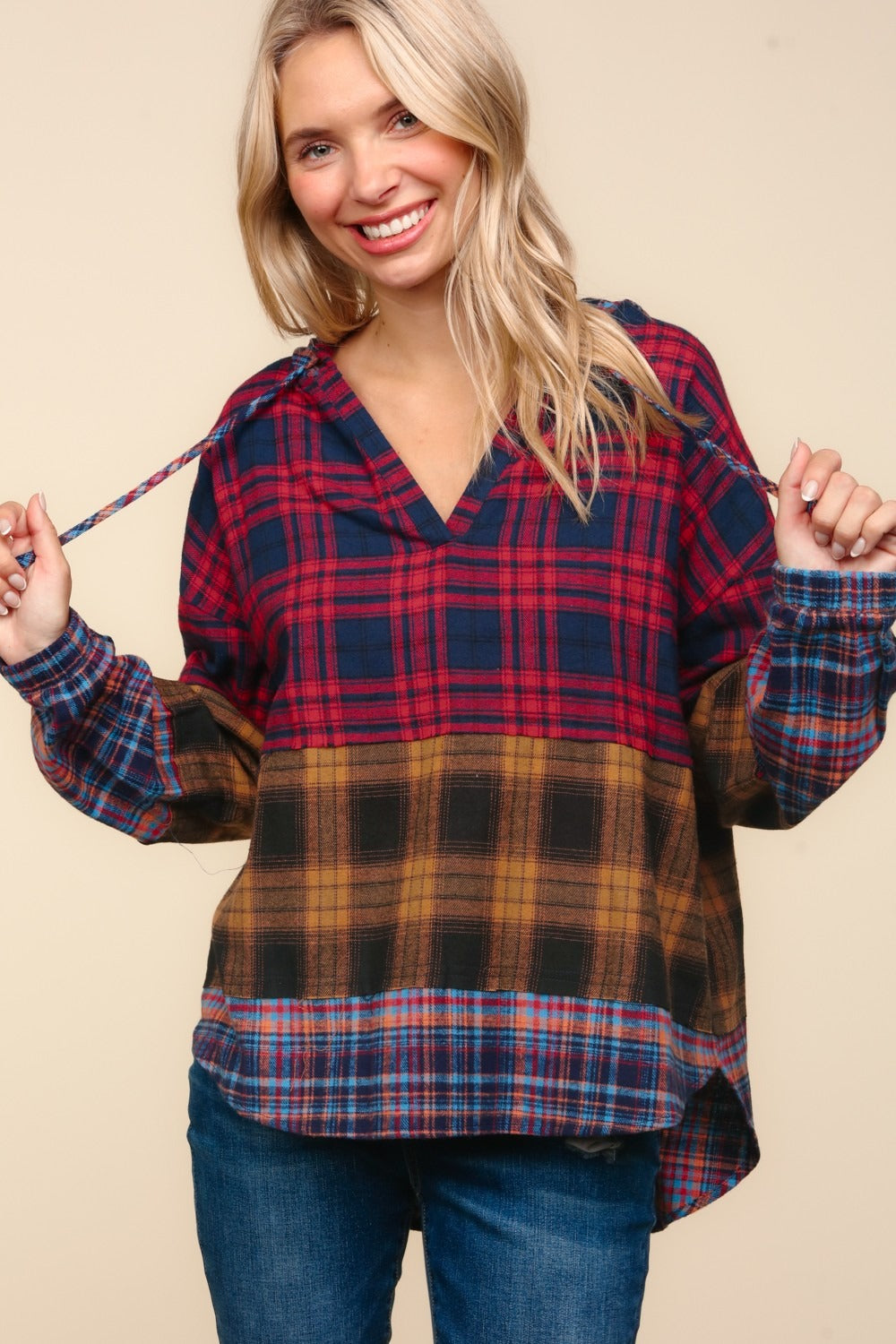 Haptics Plaid Edge Cut Detail Hooded Top