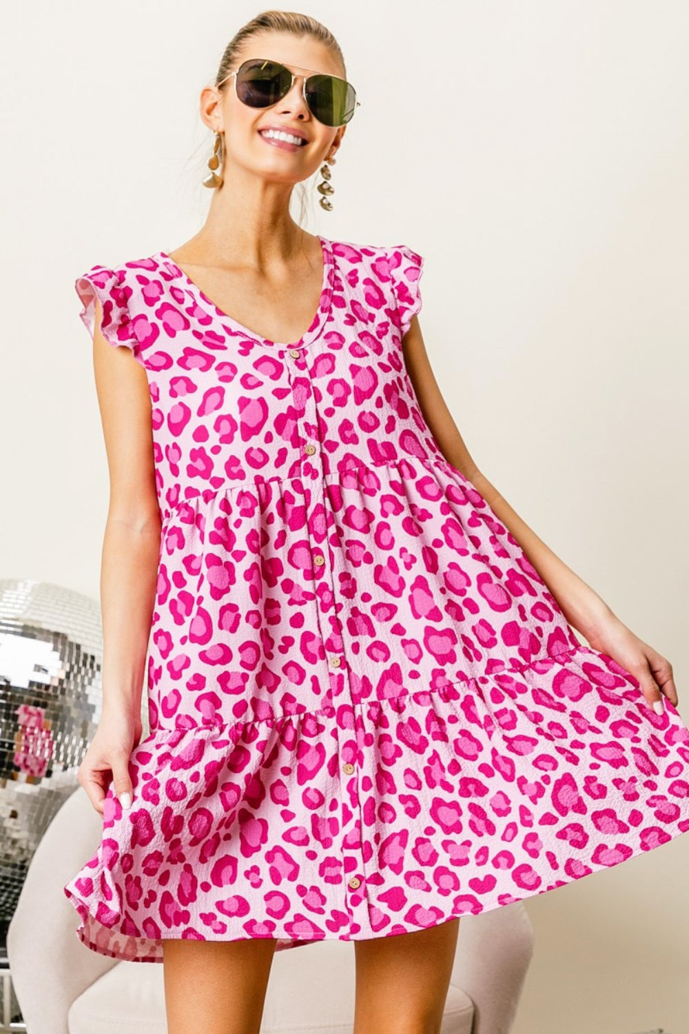 BiBi Leopard Cap Sleeve Tiered Mini Dress nt