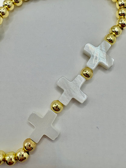 Triple White Cross with Gold Bead Bracelet/jj/Code #12