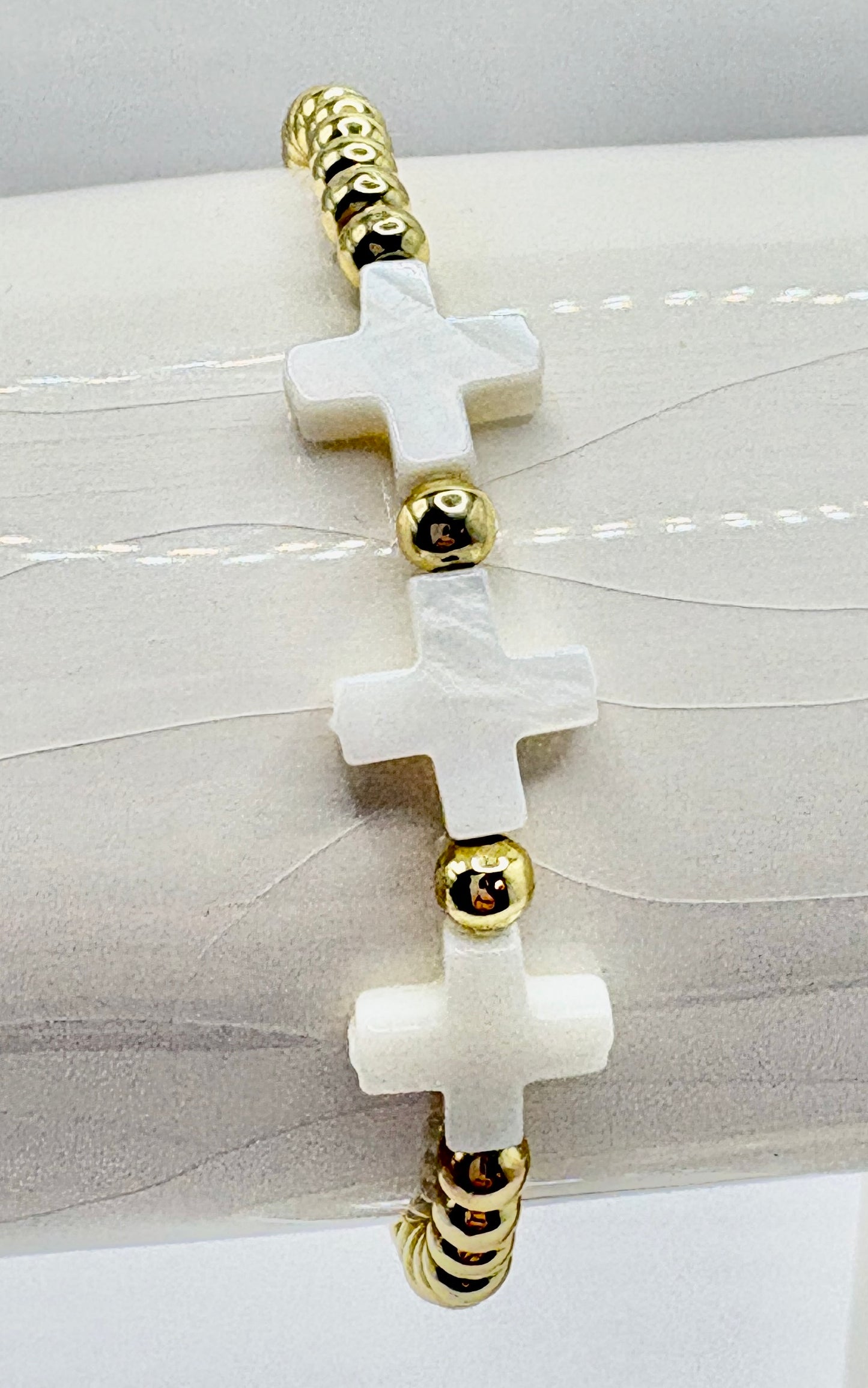 Triple White Cross with Gold Bead Bracelet/jj/Code #12