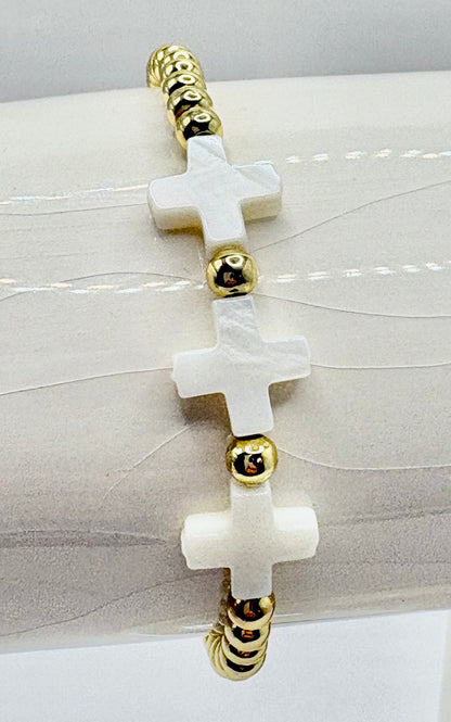 Triple White Cross with Gold Bead Bracelet/jj/Code #12