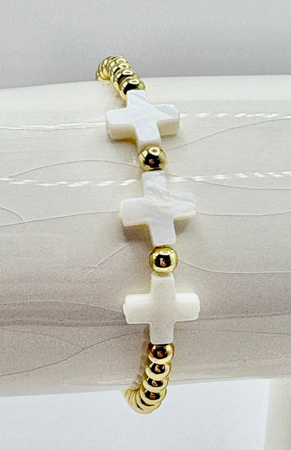 Triple White Cross with Gold Bead Bracelet/jj/Code #12