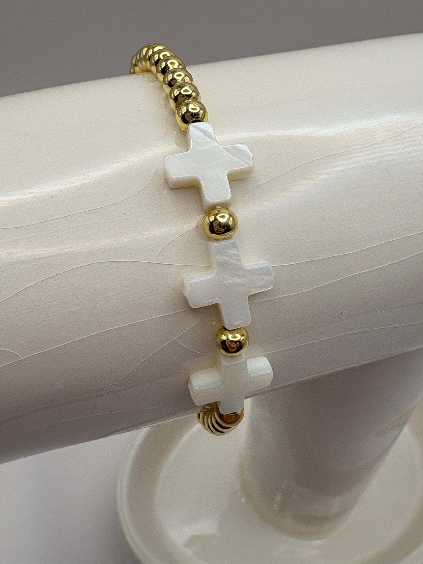 Triple White Cross with Gold Bead Bracelet/jj/Code #12