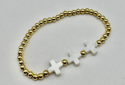Triple White Cross with Gold Bead Bracelet/jj/Code #12