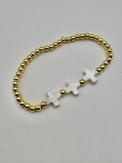 Triple White Cross with Gold Bead Bracelet/jj/Code #12