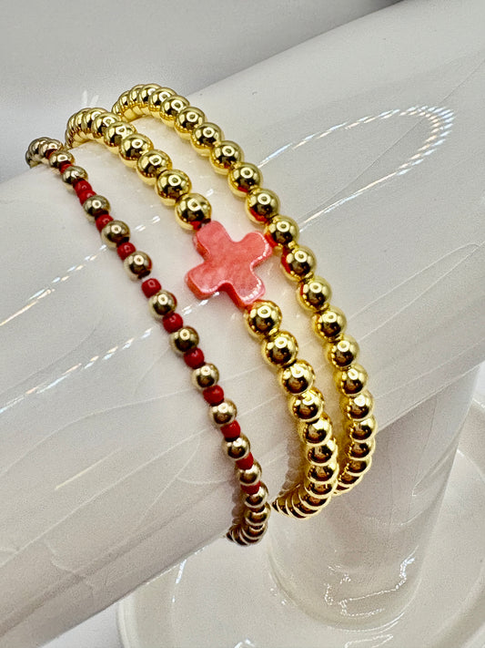Red Cross Triple Set Beaded Bracelet/jj/Code #13
