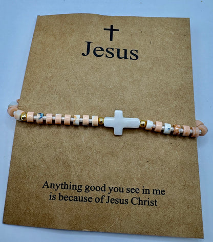 Natural Cross & Hearts Adjustable Stretch Bracelet/jj/Code #7