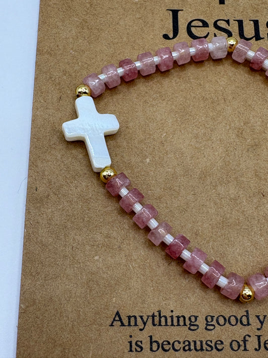 Pink Cross & Hearts Adjustable Stretch Bracelet/jj/Code #6