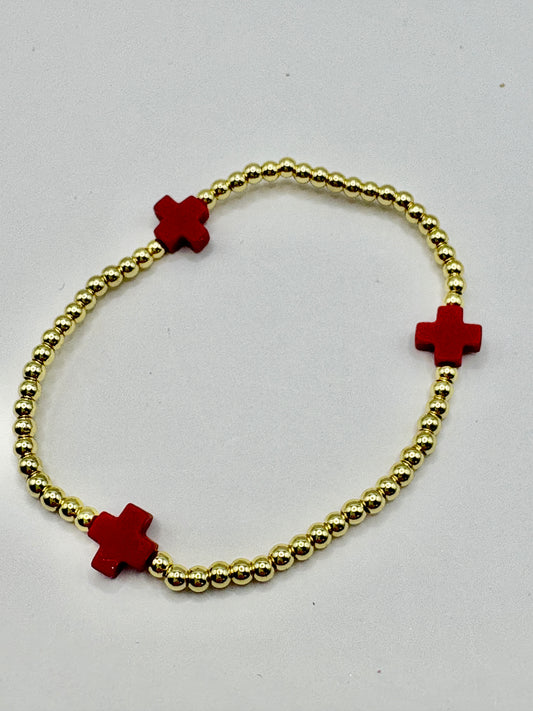 Red Cross with Gold Beads Stretch Bracelet/jj/Code #1