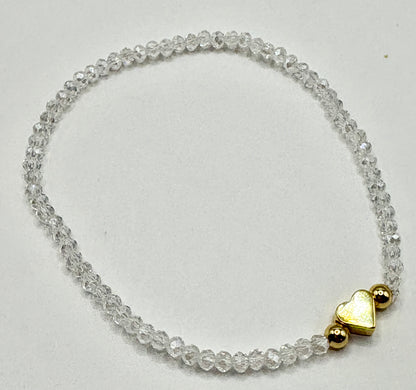 White Heart Charm/3mm Beaded Stretch Bracelet/jj/ Code #8