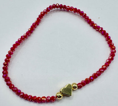 Hot Red Pink Heart Charm/3mm Beaded Stretch Bracelet/jj/ Code #8